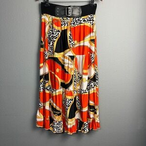 Magic Maxi Skirt 1X Artsy Black Belt‎ Orange Gold Chain Leopard Print Tiered
